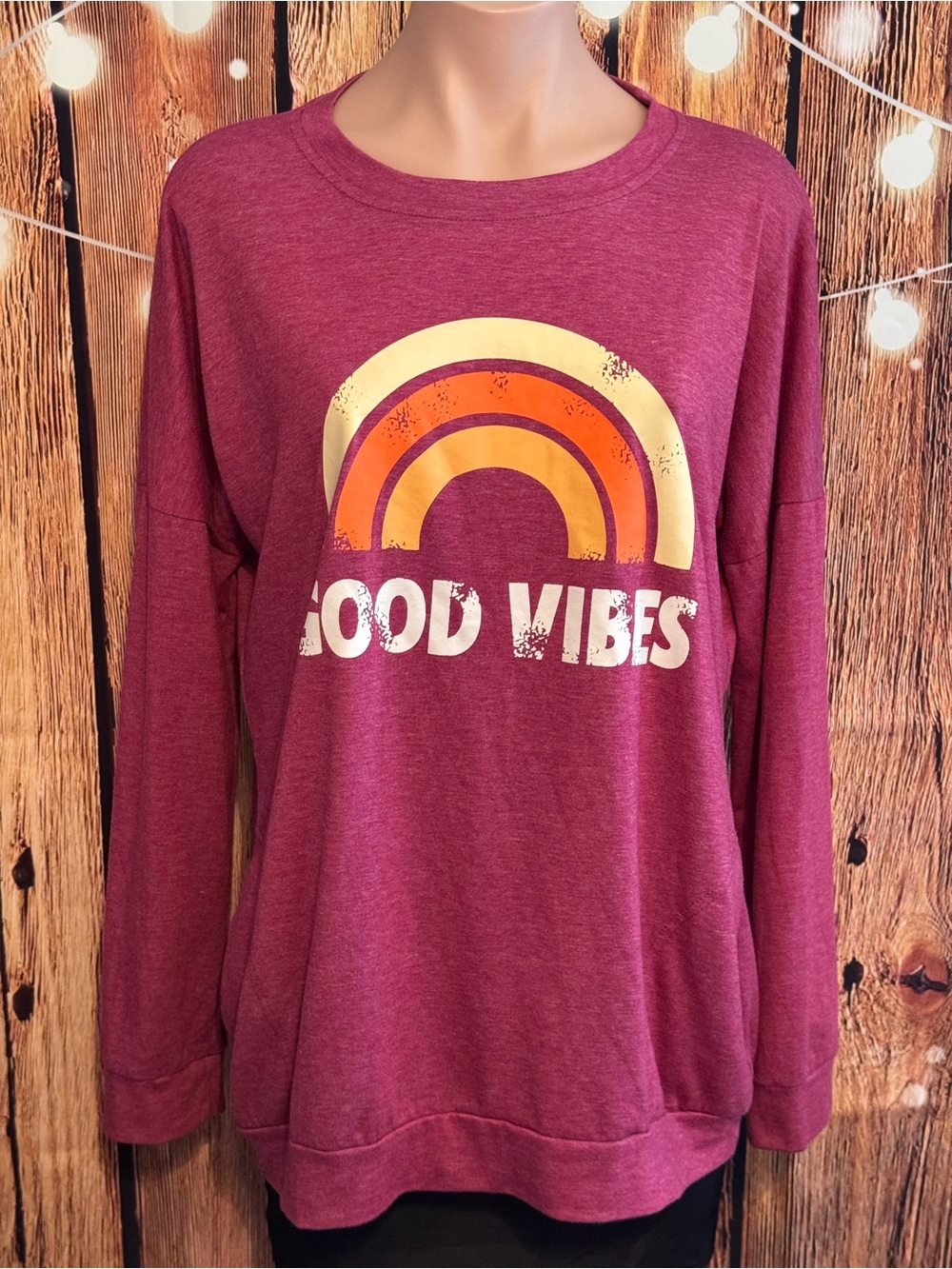 Soft Retro Rainbow Good Vibes Maroon Graphic Long Sleeve Sweatshirt